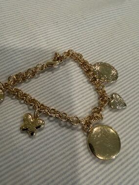 Avon Gold-Tone Charm Link Bracelet with Medallions and Hearts